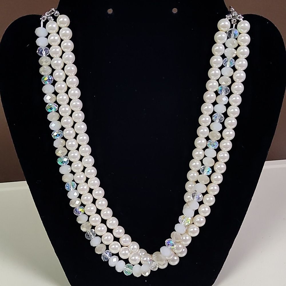 Three Strand Faux Pearl Beaded Necklace